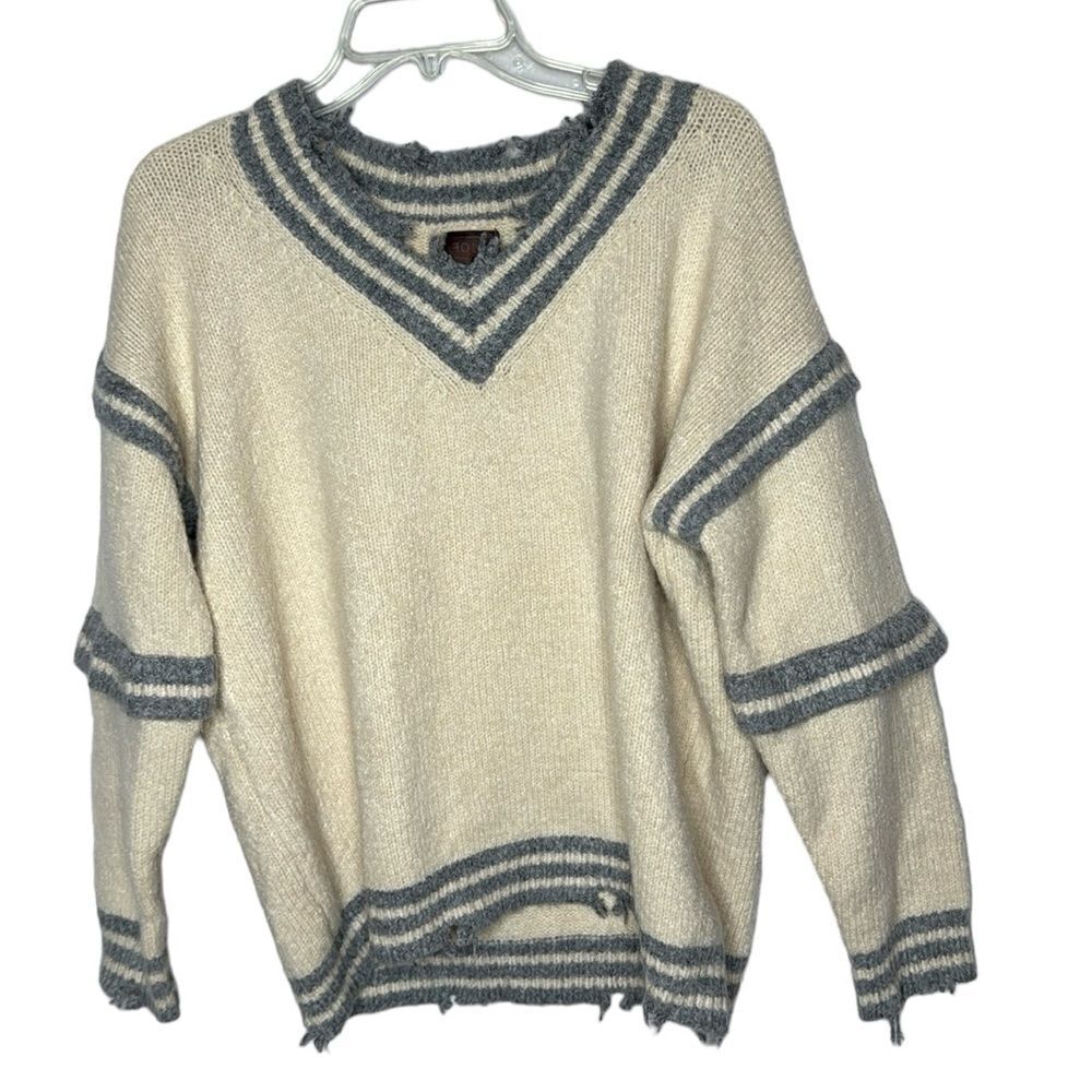 POL Varsity Stripe Ivory Off White Angora Blend Destroyed Hem V-Neck Sweater. SM